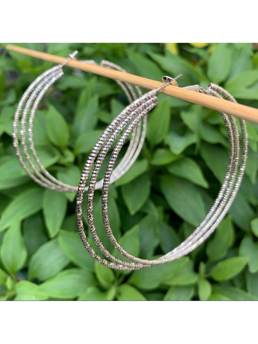 Silver Tone Textured Triple Ring Hoop Earrings 3 Inch Drop